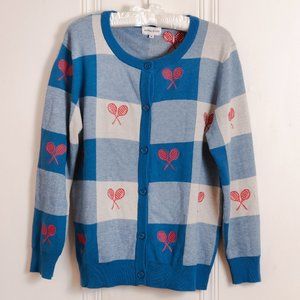 Blue check cardigan with embroidered detail